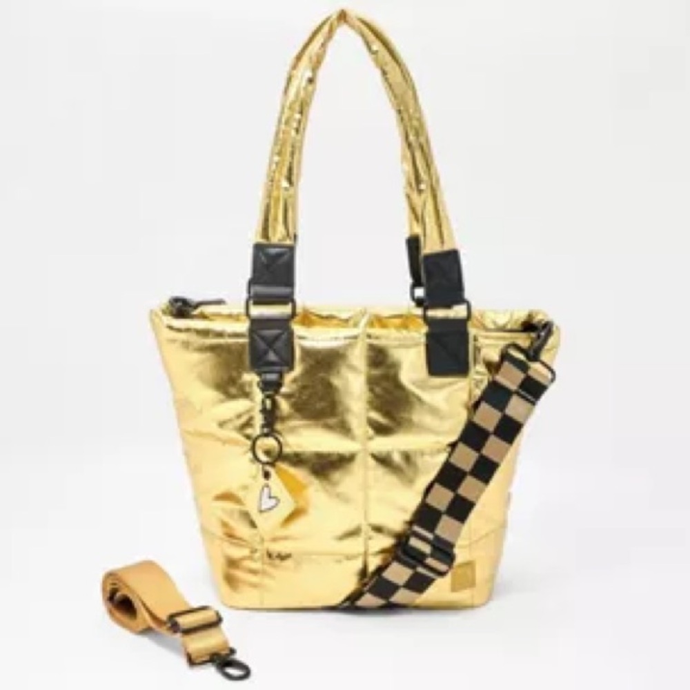 New with Tags. IHKWIP Checkmate Quilted Tote w/ 2 Crossbody Straps in Gold Foil